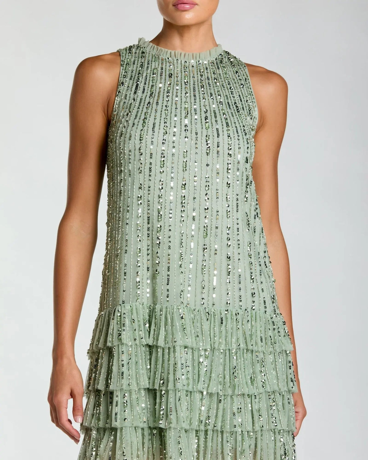 Mac Duggal Green Striped Sequin Tiered Ruffle Mini Dress