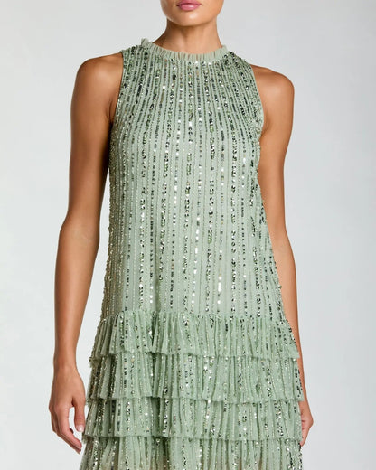 Mac Duggal Green Striped Sequin Tiered Ruffle Mini Dress