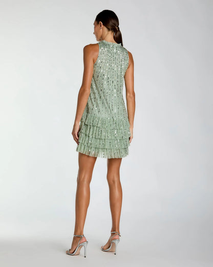 Mac Duggal Green Striped Sequin Tiered Ruffle Mini Dress