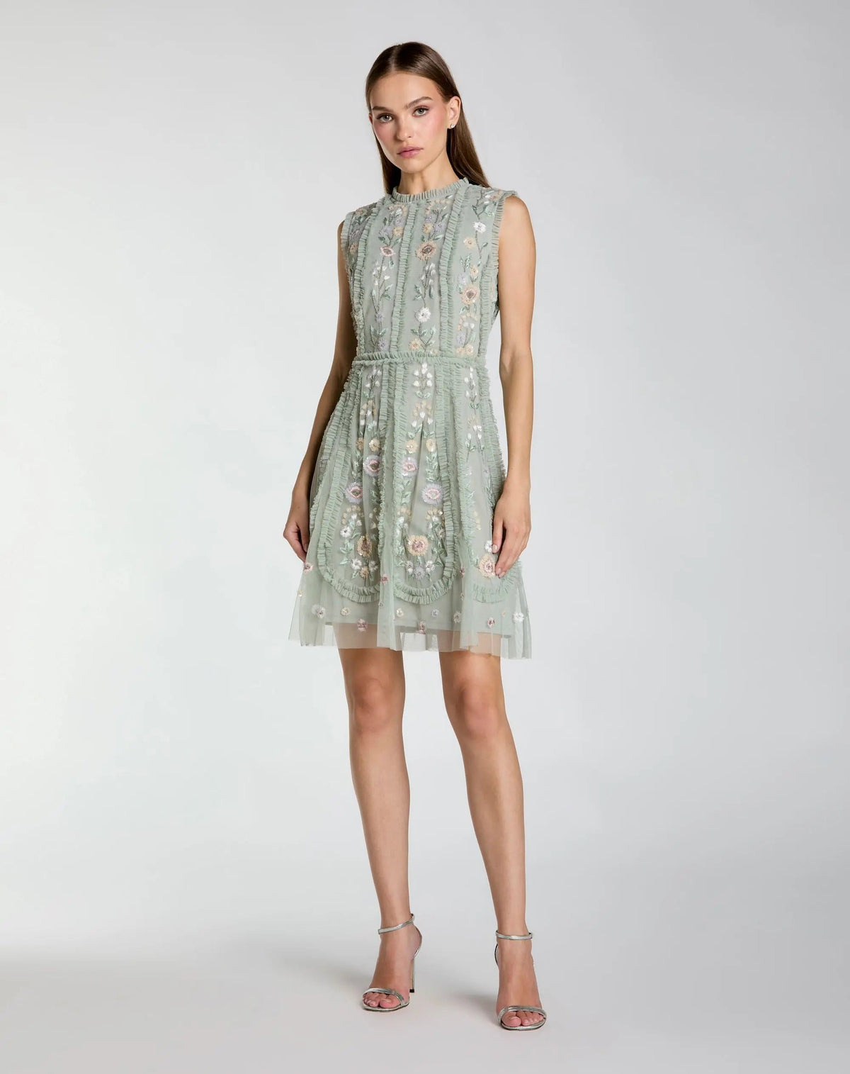 Mac Duggal Green Sleeveless High Neck Embroidered Mini Dress