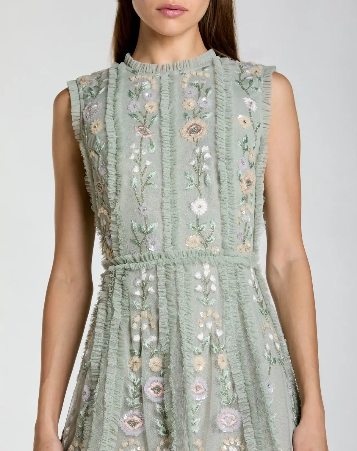 Mac Duggal Green Sleeveless High Neck Embroidered Mini Dress