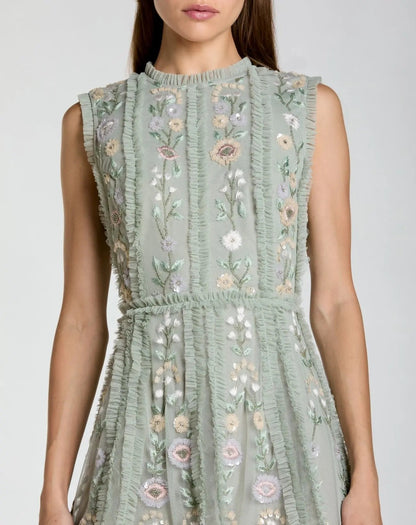 Mac Duggal Green Sleeveless High Neck Embroidered Mini Dress