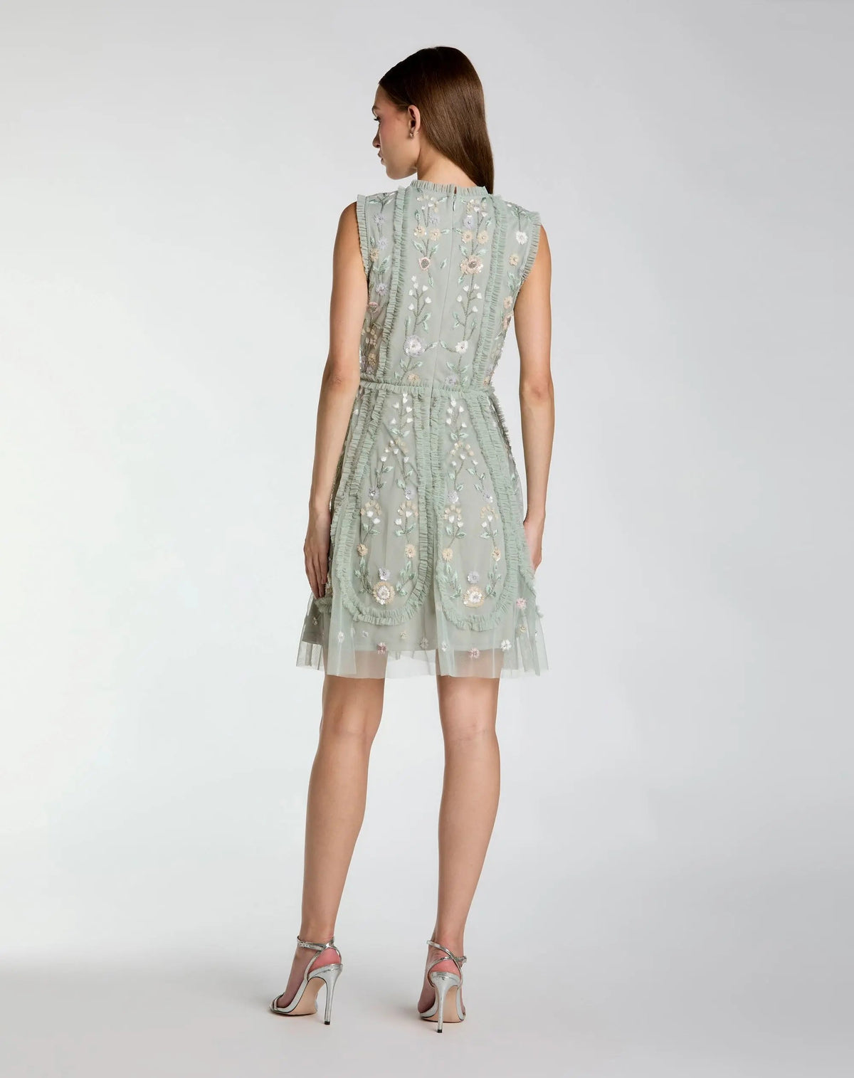 Mac Duggal Green Sleeveless High Neck Embroidered Mini Dress