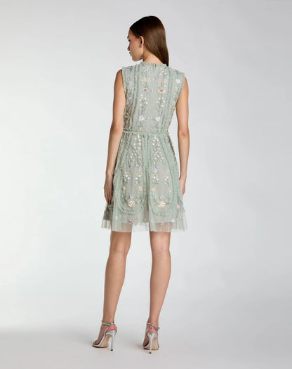 Mac Duggal Green Sleeveless High Neck Embroidered Mini Dress