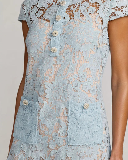 Mac Duggal Blue Lace Button Front Mini Dress