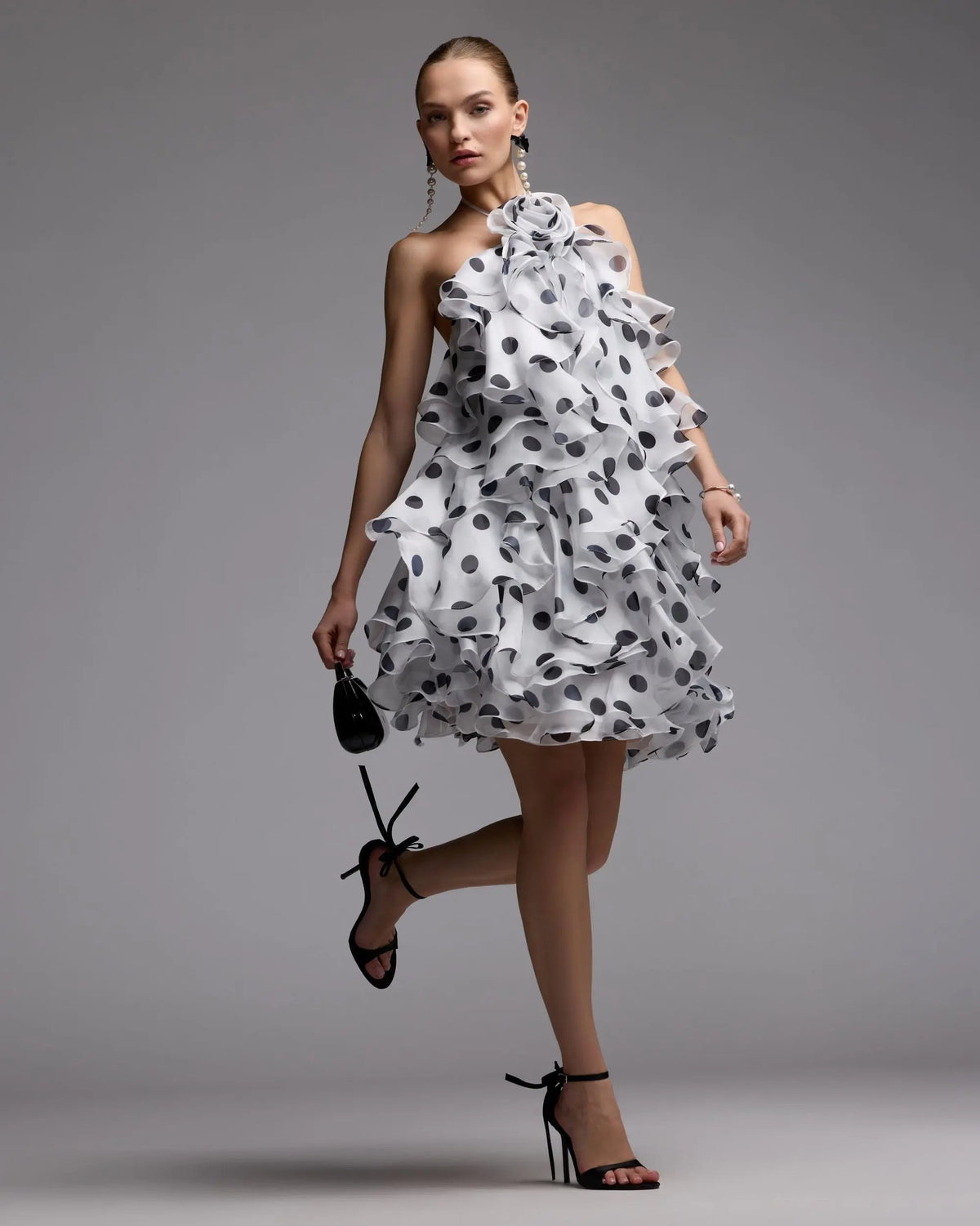 Mac Duggal White Polka Dot Halter Neck Ruffle Mini Dress
