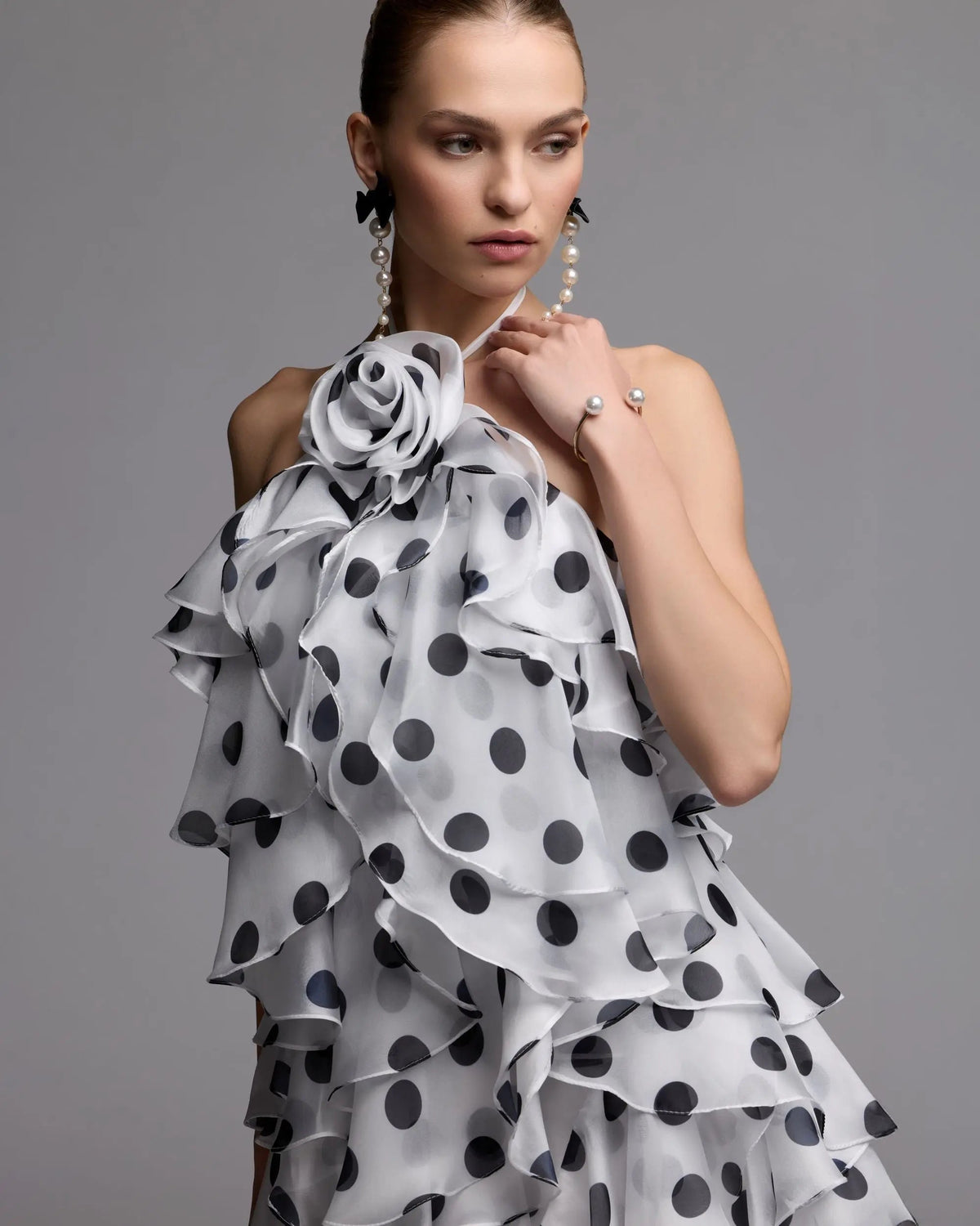 Mac Duggal White Polka Dot Halter Neck Ruffle Mini Dress