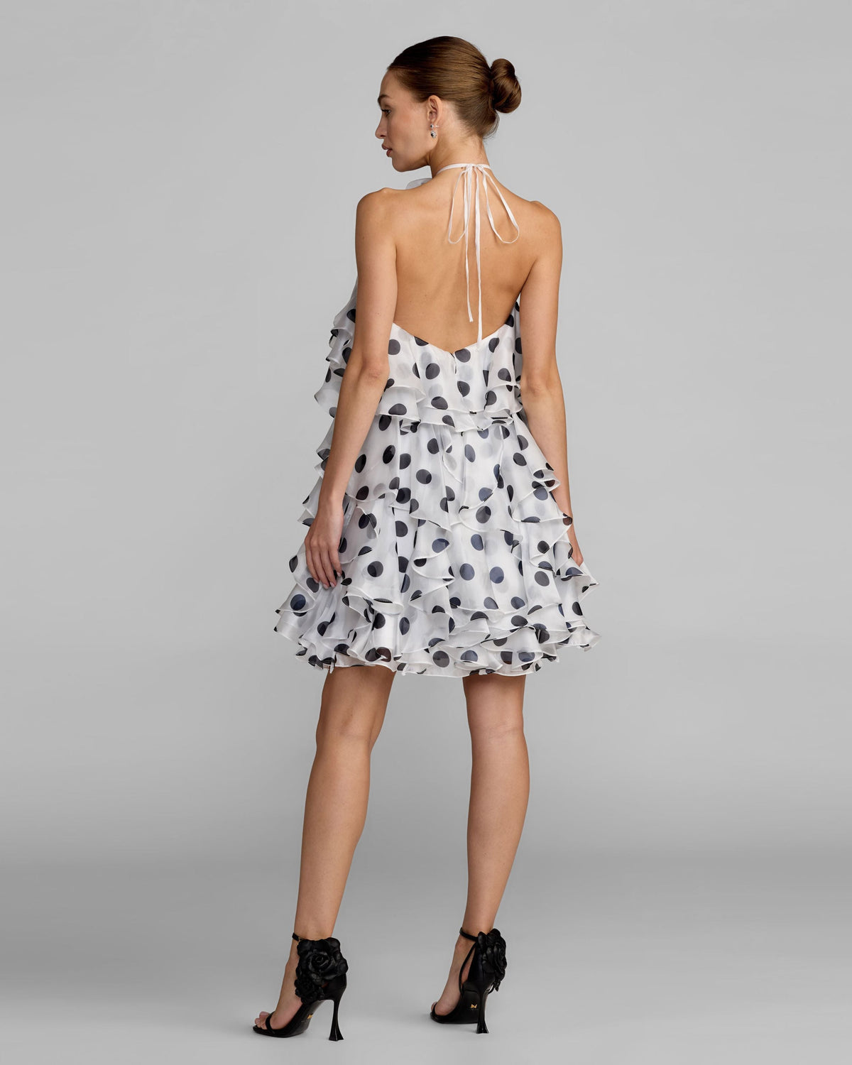 Mac Duggal White Polka Dot Halter Neck Ruffle Mini Dress