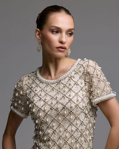 Mac Duggal Ivory Short Sleeve Pearl Embellished Mini Dress