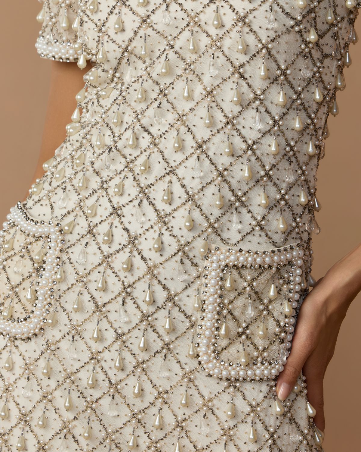 Mac Duggal Ivory Short Sleeve Pearl Embellished Mini Dress