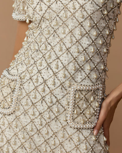 Mac Duggal Ivory Short Sleeve Pearl Embellished Mini Dress