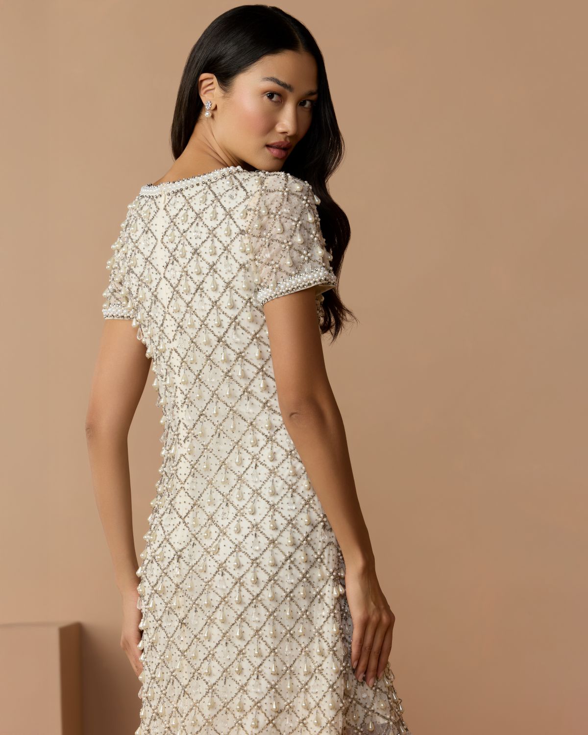 Mac Duggal Ivory Short Sleeve Pearl Embellished Mini Dress