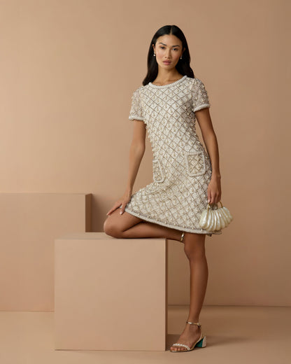 Mac Duggal Ivory Short Sleeve Pearl Embellished Mini Dress