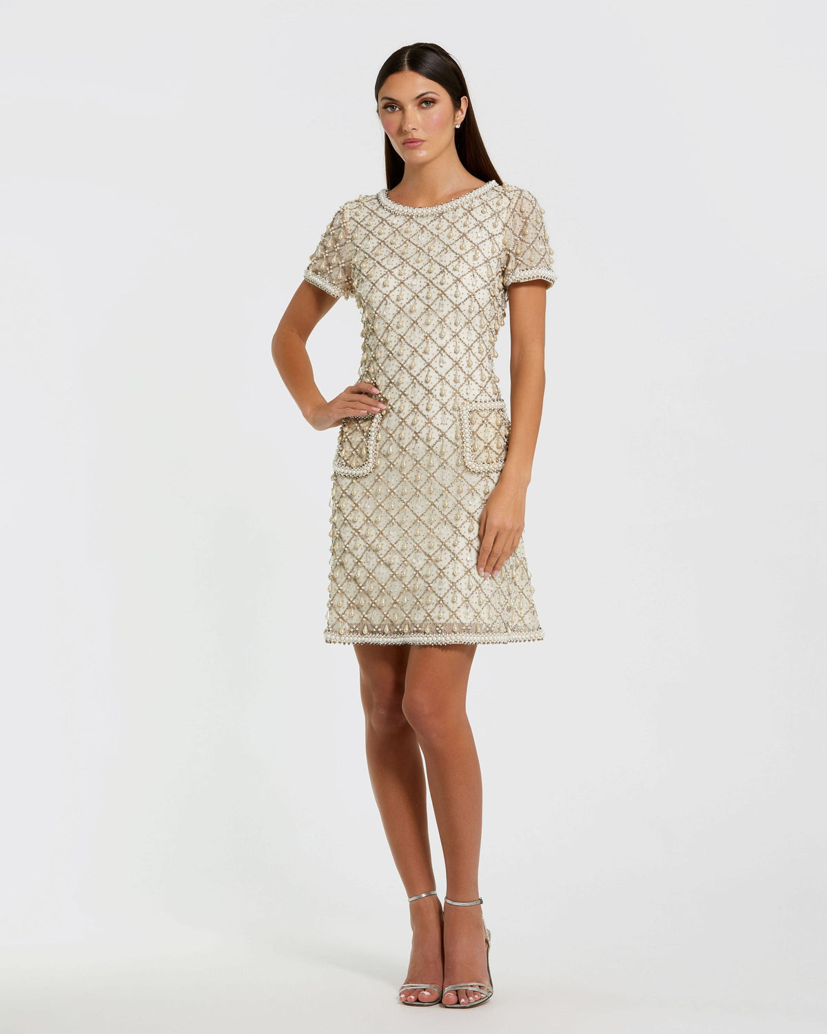 Mac Duggal Ivory Short Sleeve Pearl Embellished Mini Dress