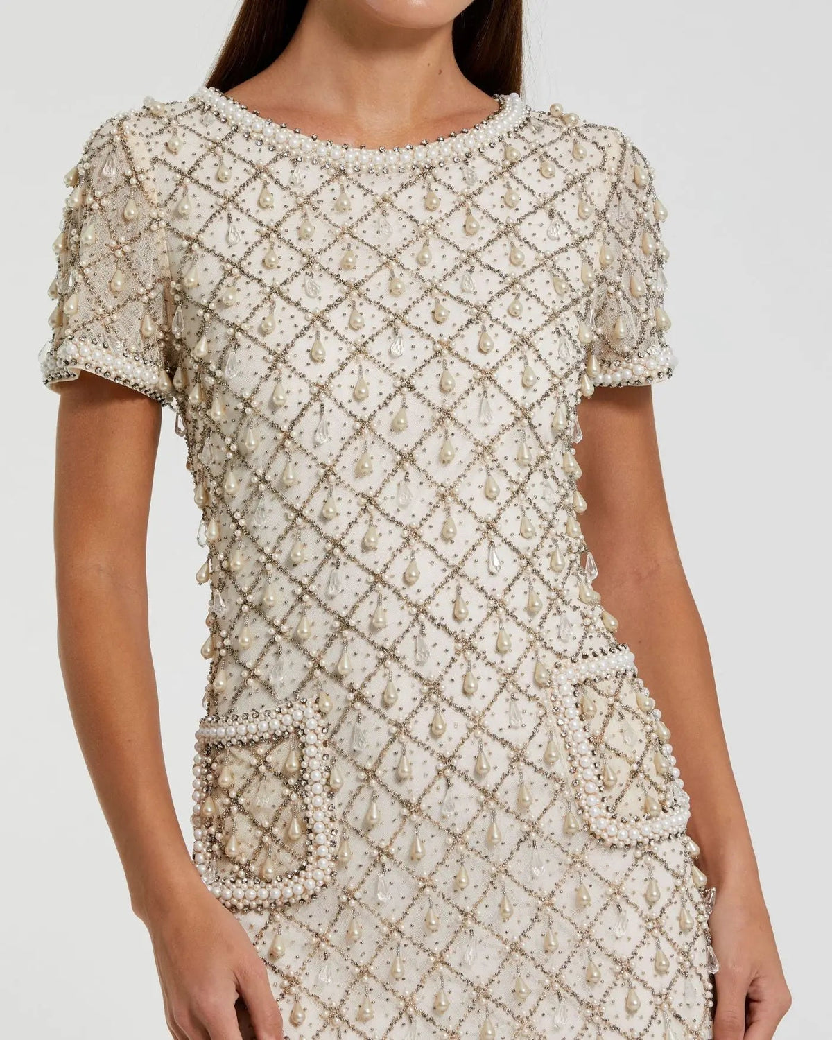 Mac Duggal Ivory Short Sleeve Pearl Embellished Mini Dress