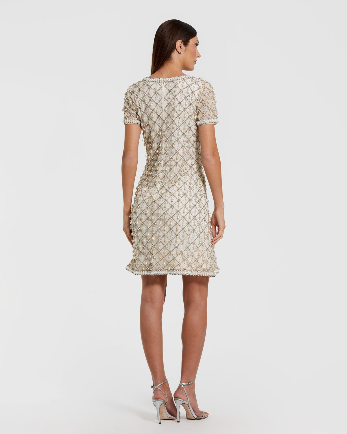 Mac Duggal Ivory Short Sleeve Pearl Embellished Mini Dress