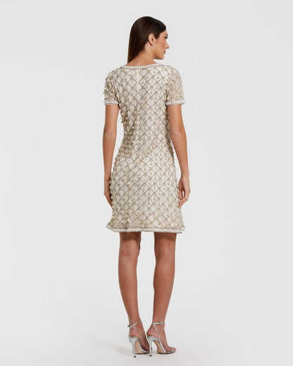 Mac Duggal Ivory Short Sleeve Pearl Embellished Mini Dress