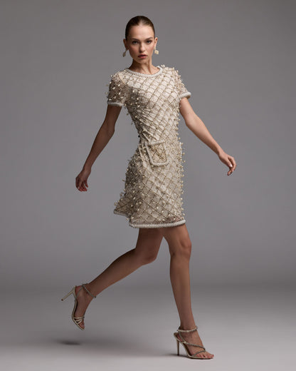Mac Duggal Ivory Short Sleeve Pearl Embellished Mini Dress