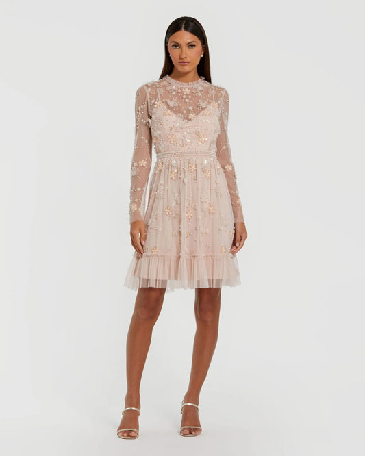 Mac Duggal Light Pink Sheer Long Sleeve Embellished Mini Dress