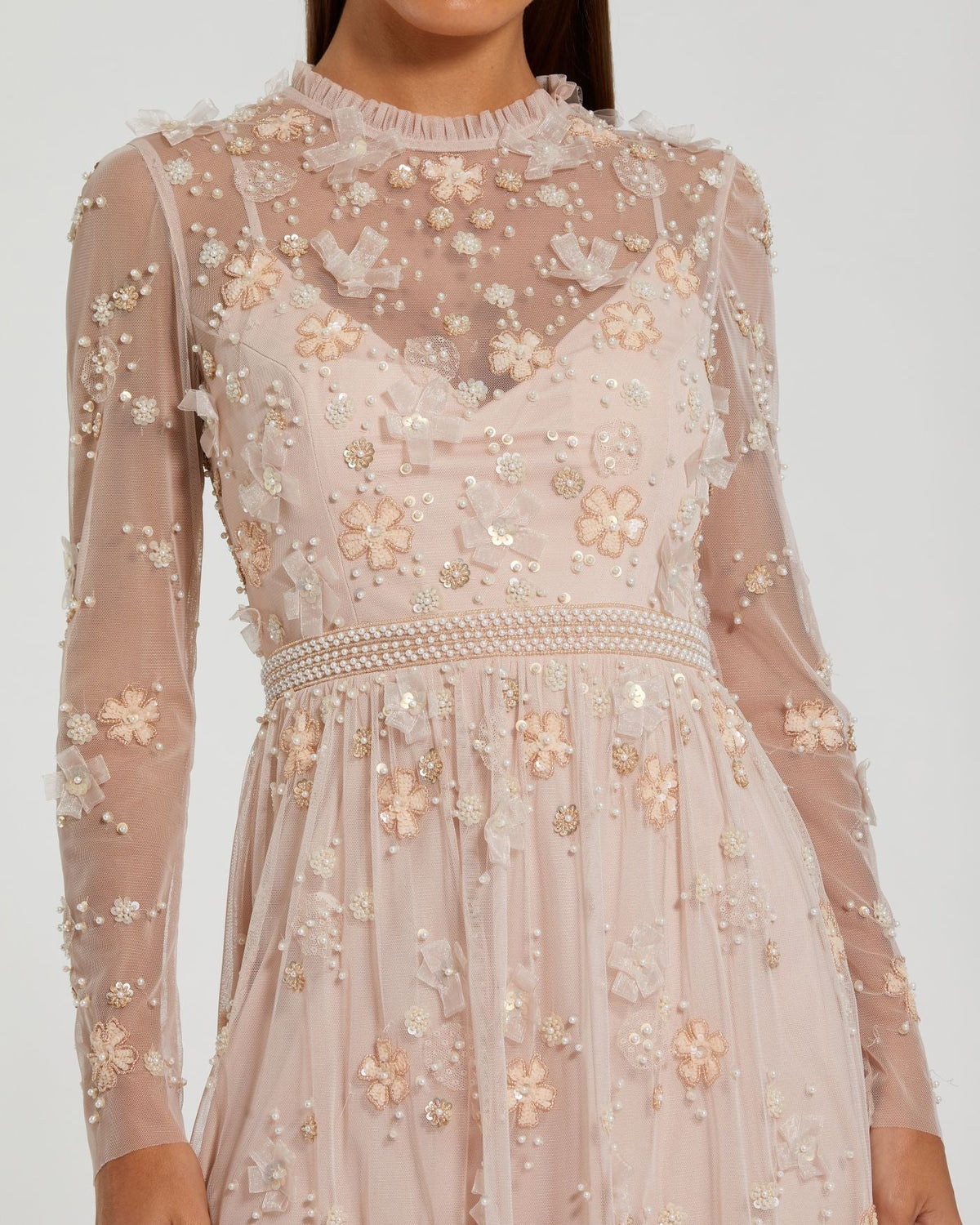 Mac Duggal Light Pink Sheer Long Sleeve Embellished Mini Dress