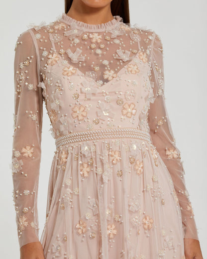 Mac Duggal Light Pink Sheer Long Sleeve Embellished Mini Dress