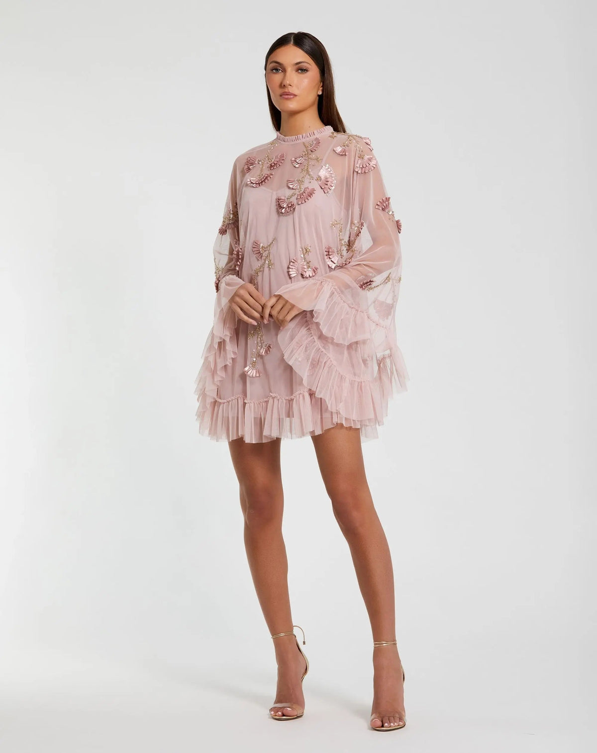 Mac Duggal Pink Embellished Long Sleeve Trapeze Dress with Ruffle Hem