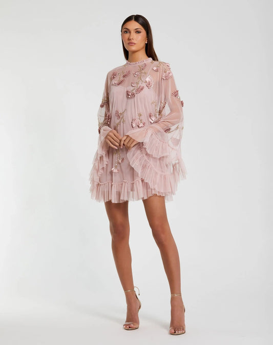 Mac Duggal Pink Embellished Long Sleeve Trapeze Dress with Ruffle Hem