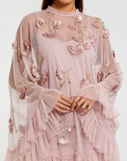 Mac Duggal Pink Embellished Long Sleeve Trapeze Dress with Ruffle Hem