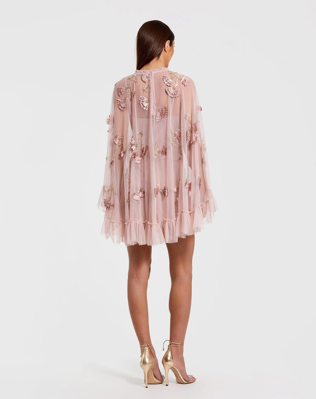 Mac Duggal Pink Embellished Long Sleeve Trapeze Dress with Ruffle Hem