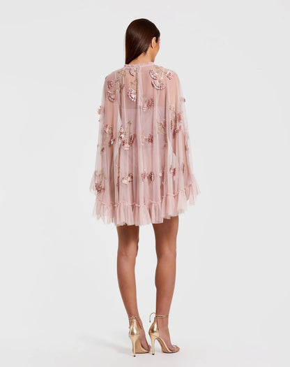Mac Duggal Pink Embellished Long Sleeve Trapeze Dress with Ruffle Hem