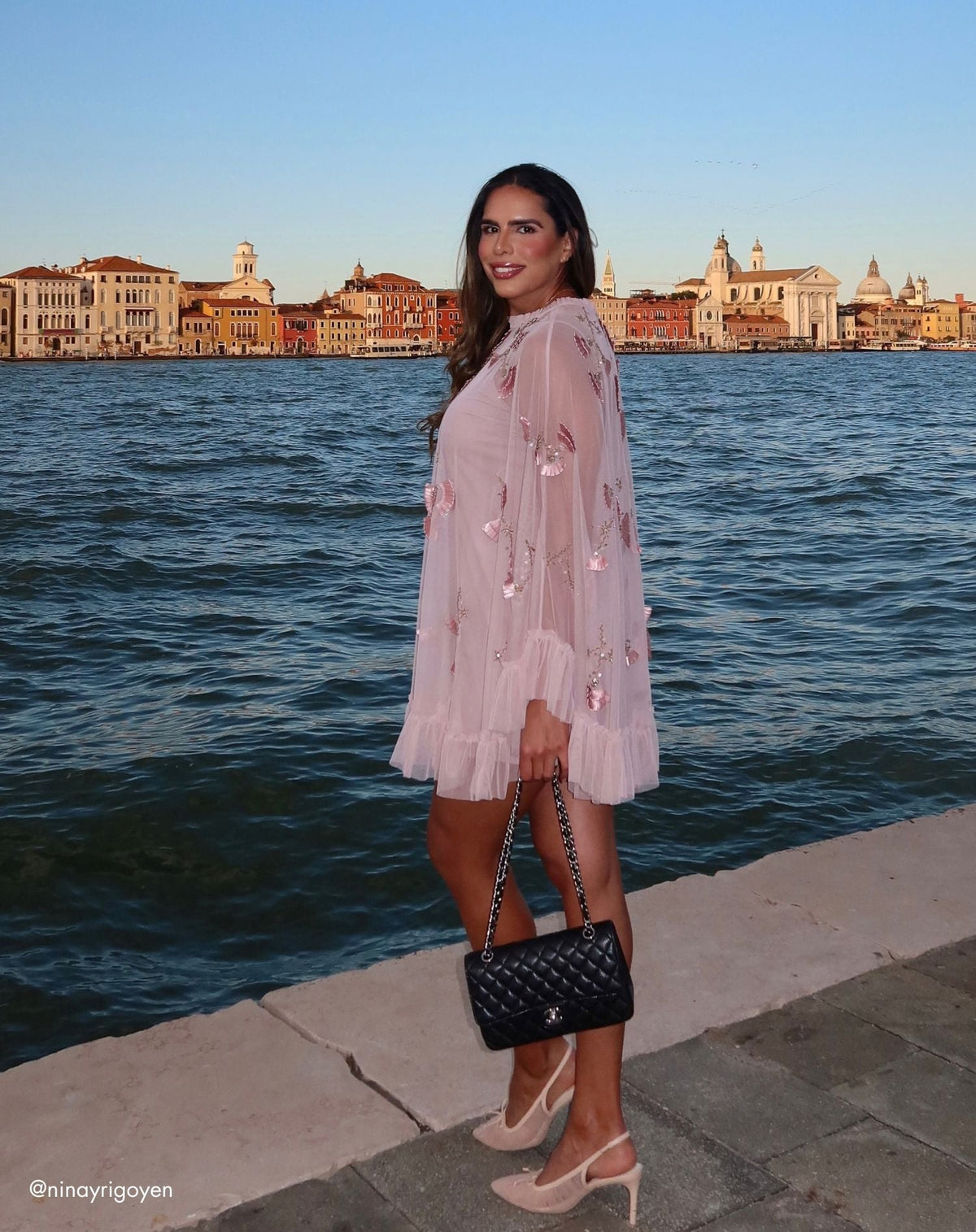 Mac Duggal Pink Embellished Long Sleeve Trapeze Dress with Ruffle Hem