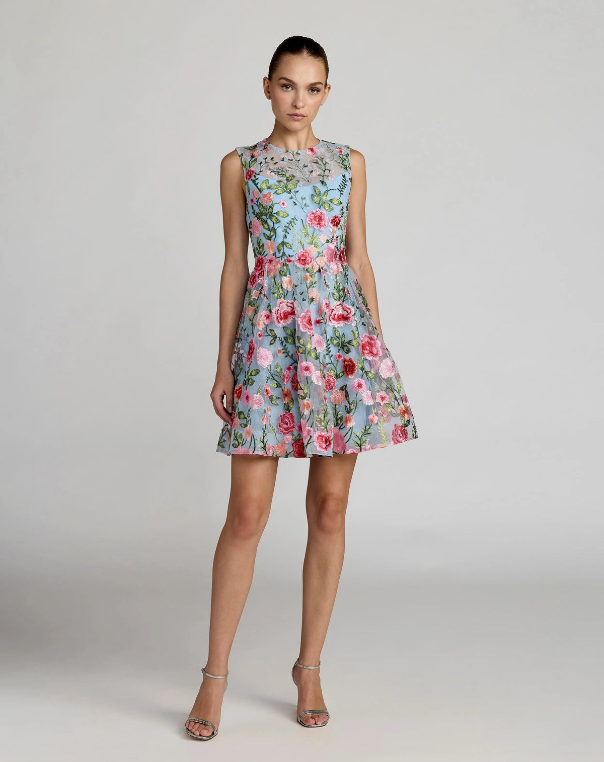 Mac Duggal Blue Floral Embroidered Sleeveless A-Line Mini Dress