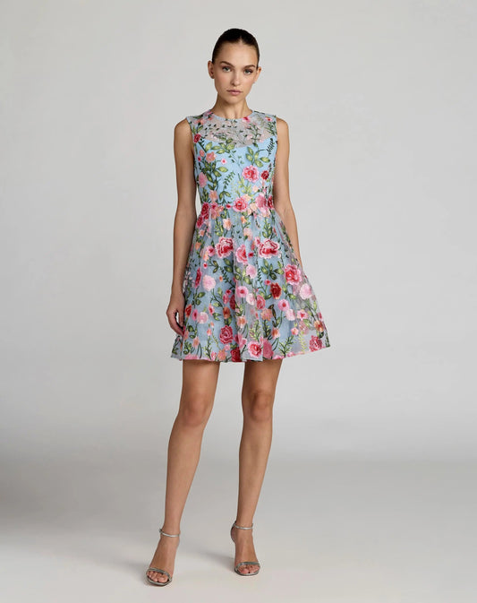 Mac Duggal Blue Floral Embroidered Sleeveless A-Line Mini Dress