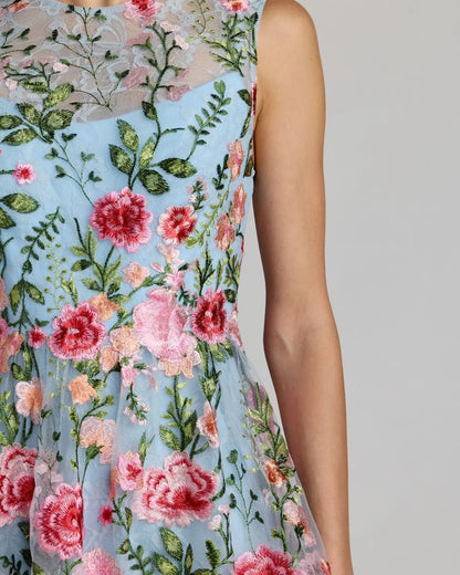Mac Duggal Blue Floral Embroidered Sleeveless A-Line Mini Dress
