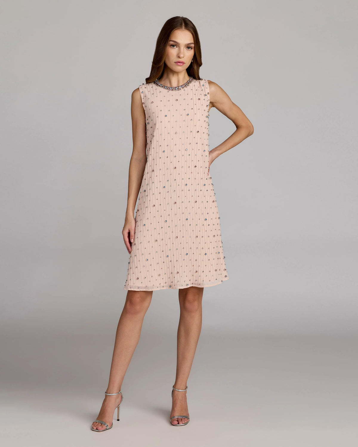 Mac Duggal Light Pink Embellished Sleeveless Shift Mini Dress