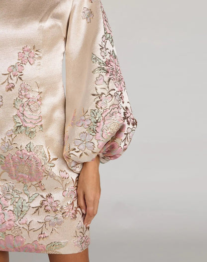 Mac Duggal Ivory Brocade High Neck Long Bishop Sleeve Mini Dress