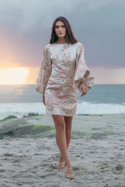 Mac Duggal Ivory Brocade High Neck Long Bishop Sleeve Mini Dress