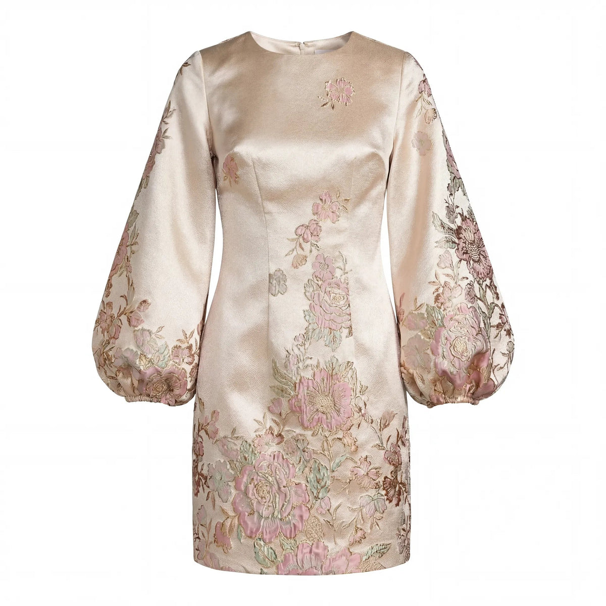 Mac Duggal Ivory Brocade High Neck Long Bishop Sleeve Mini Dress