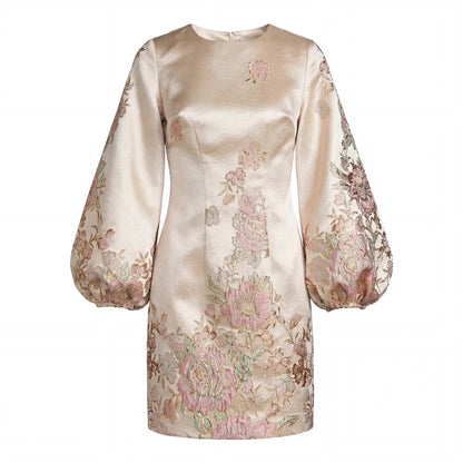 Mac Duggal Ivory Brocade High Neck Long Bishop Sleeve Mini Dress