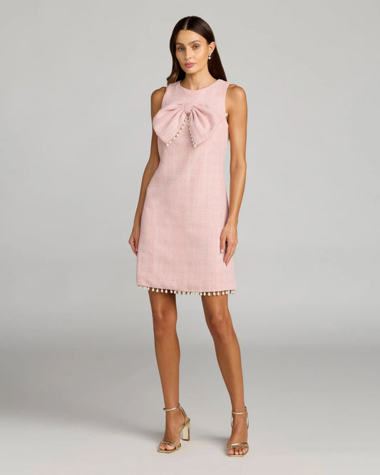 Mac Duggal Boucle Pearl Detail A Line Mini Dress With Bow Duggal