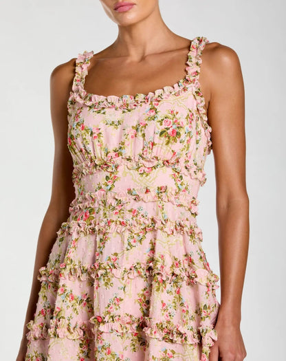 Mac Duggal Pink Floral Square Neck Ruffled Cotton Mini Dress