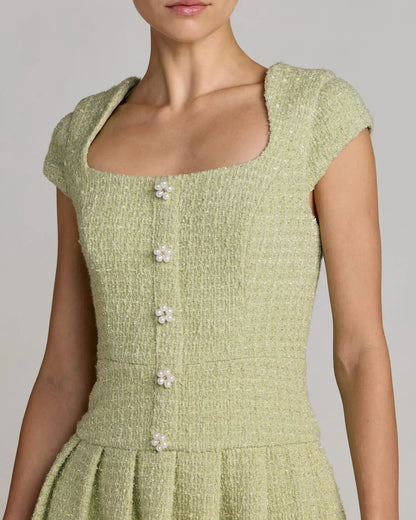 Mac Duggal Green Tweed Cap Sleeve Pleated Mini Dress
