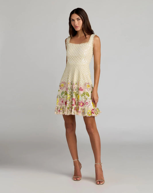 Mac Duggal Ivory Floral Sequin Square Neck Mini Dress