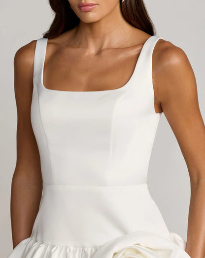 Mac Duggal White Sleeveless Satin Bubble Hem Mini Dress