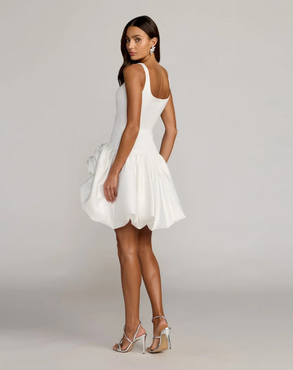 Mac Duggal White Sleeveless Satin Bubble Hem Mini Dress