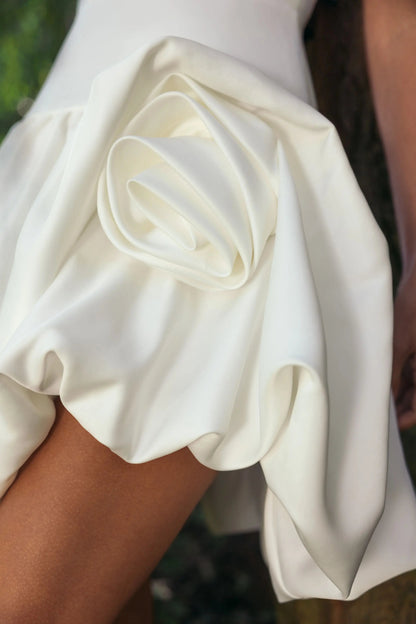 Mac Duggal White Sleeveless Satin Bubble Hem Mini Dress