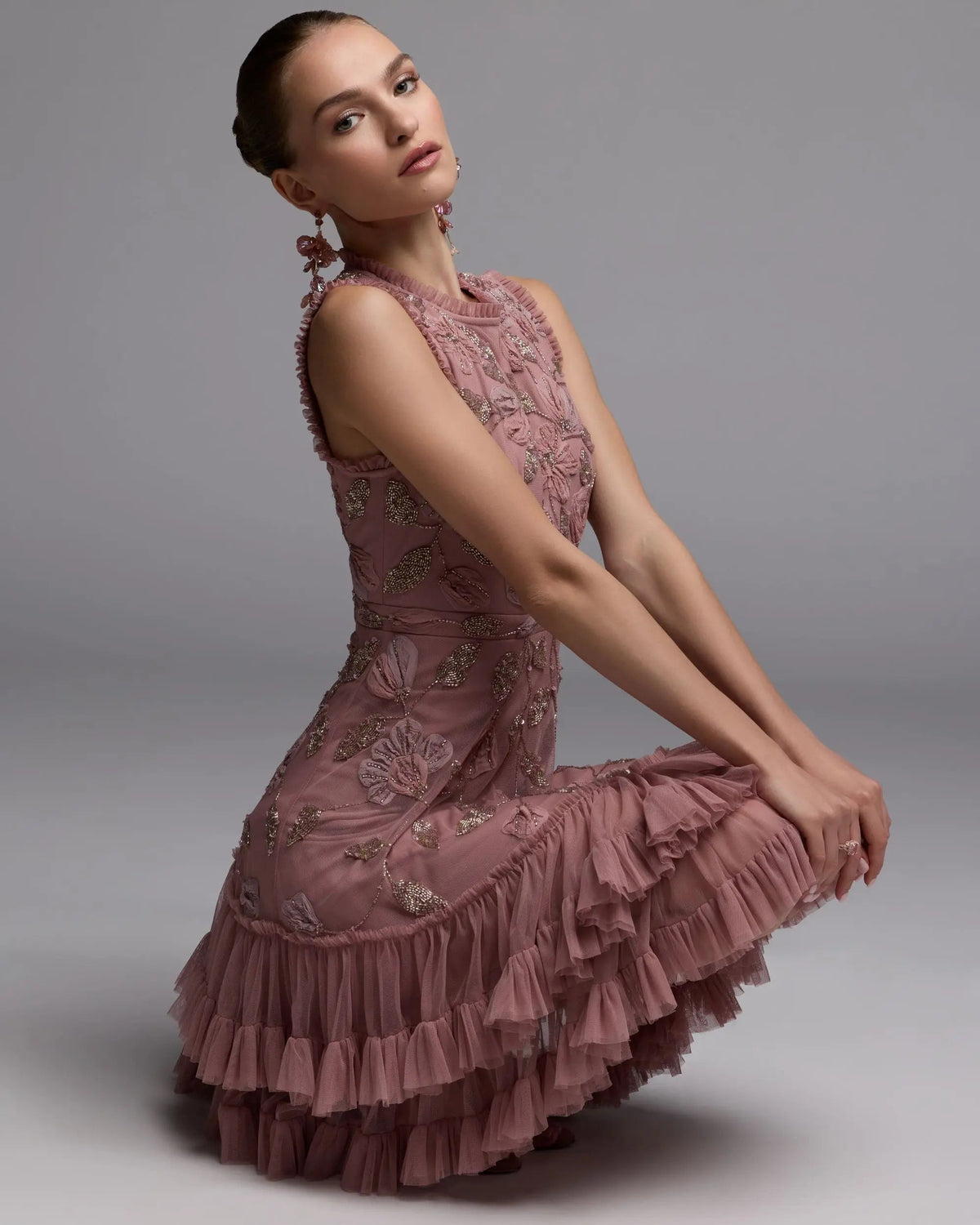 Mac Duggal Pink High Neck Sleeveless Beaded Dress With Ruffled Hem