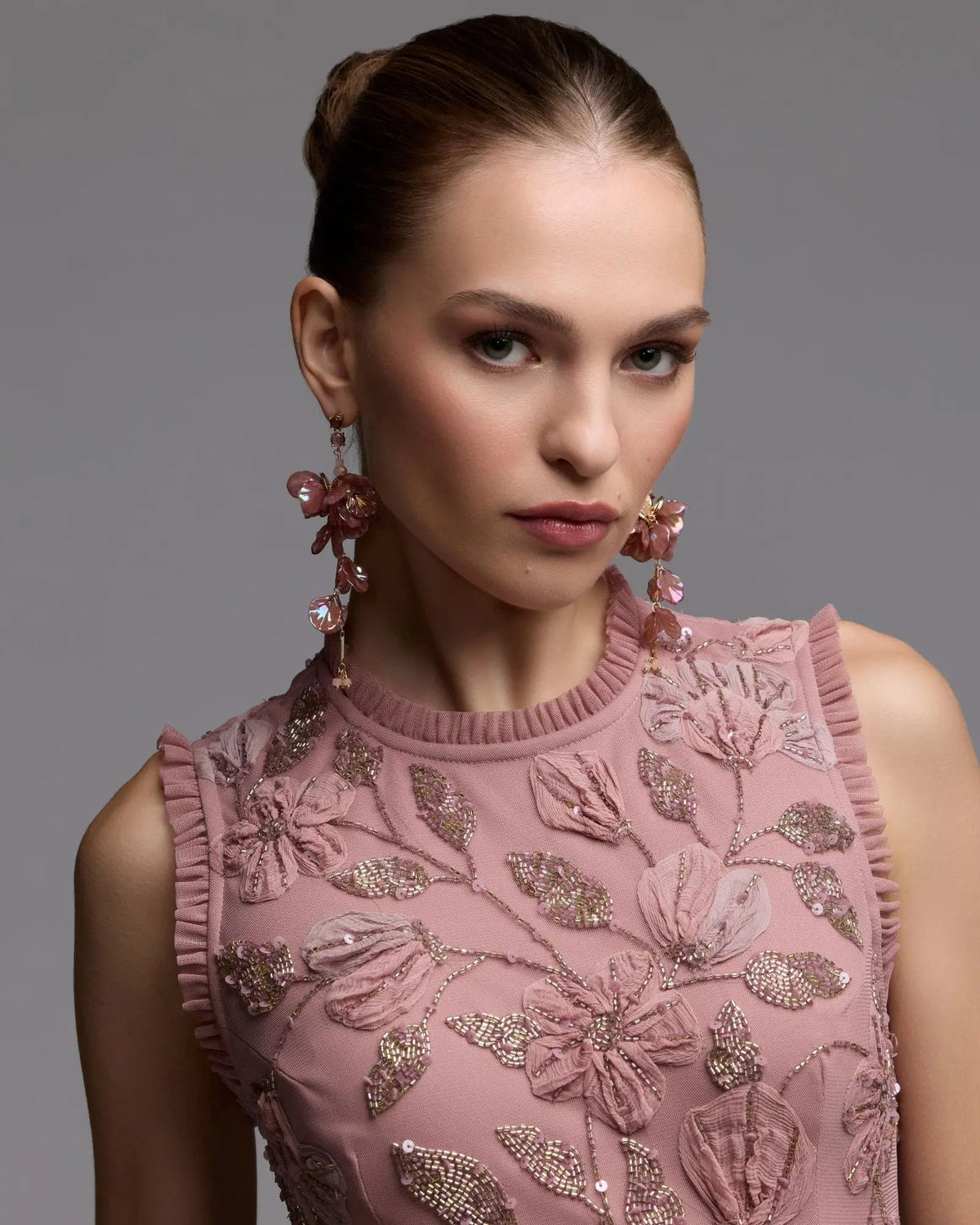 Mac Duggal Pink High Neck Sleeveless Beaded Dress With Ruffled Hem