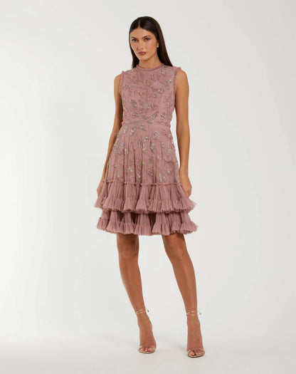 Mac Duggal Pink High Neck Sleeveless Beaded Dress With Ruffled Hem