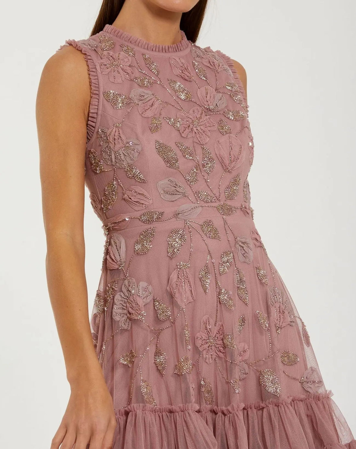 Mac Duggal Pink High Neck Sleeveless Beaded Dress With Ruffled Hem
